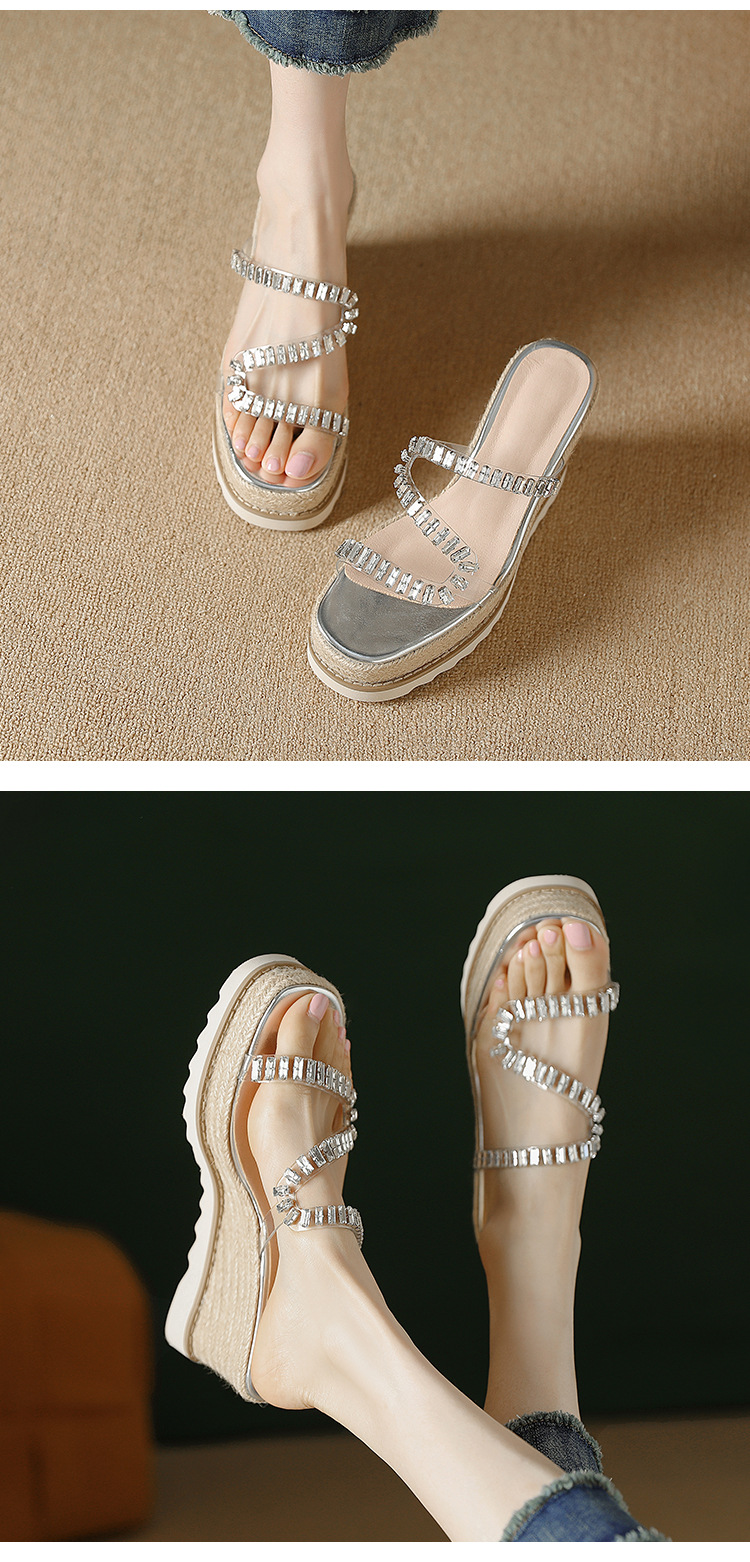 Sandal cao gót nữ hở mũi đế xuồng đính đá pha lê — bạc chi tiết 5