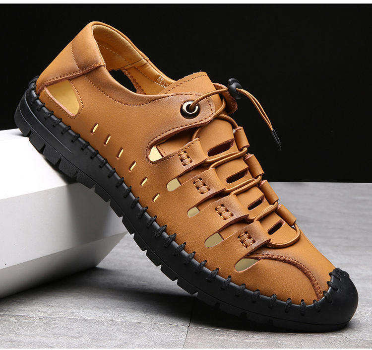 Dép sandal nam quai ngang da bò thật đế mềm thoáng khí kiểu lỗ rỗng — Màu Kaki, Màu nâu vàng, Màu đen chi tiết 13