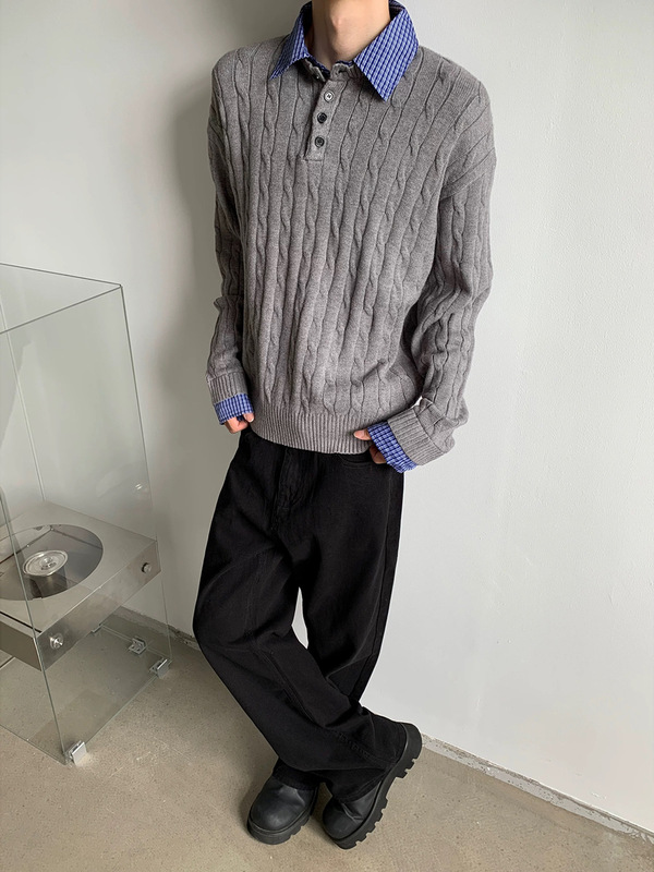 YKEE美式复古绞花假两件POLO领毛衣男秋季cleanfit慵懒针织衫上衣|undefined