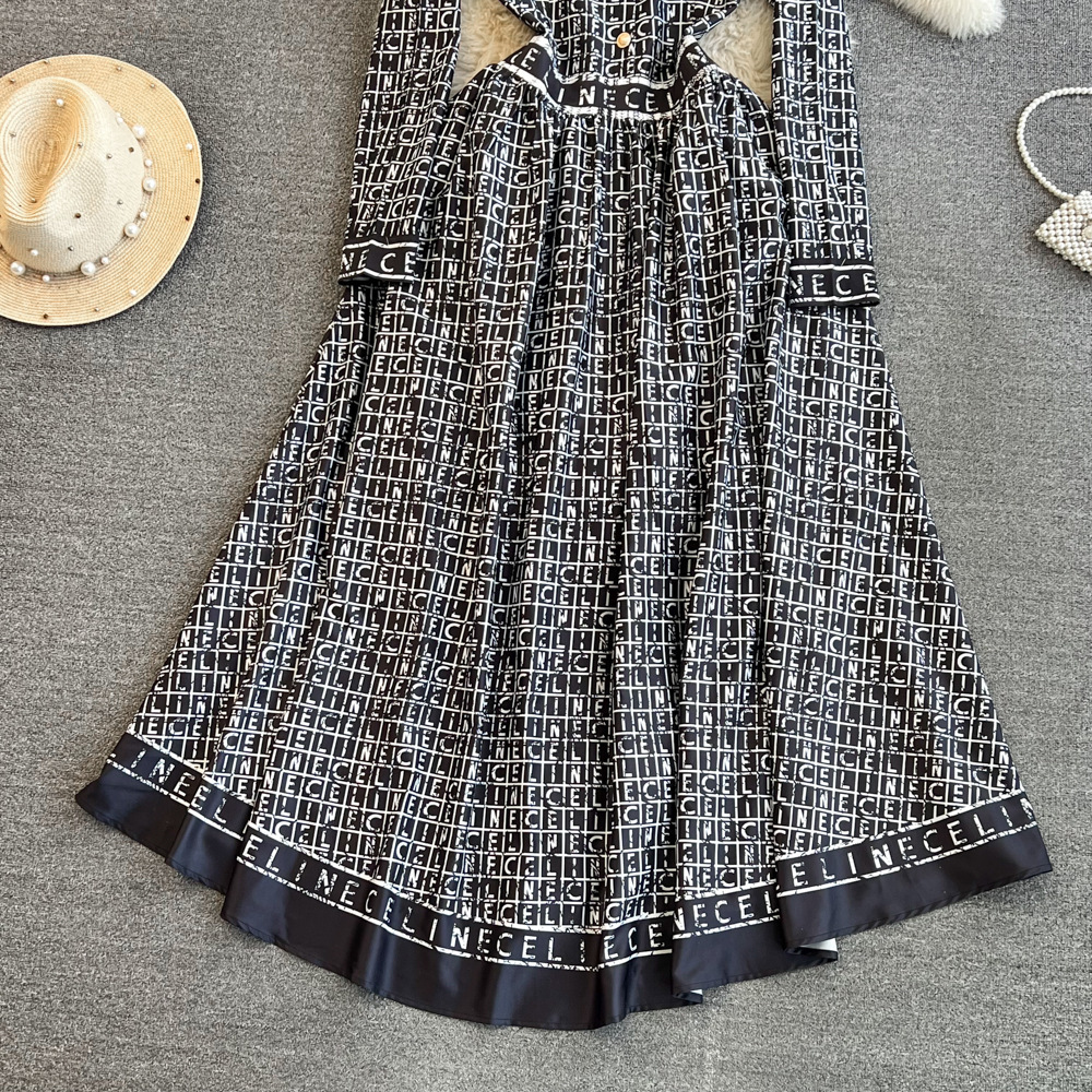 Spring and Autumn European and American Fashion Long Sleeve Lapel Tight Waist Slim A- Letter Printed Shirt dress Elegant Long Dress