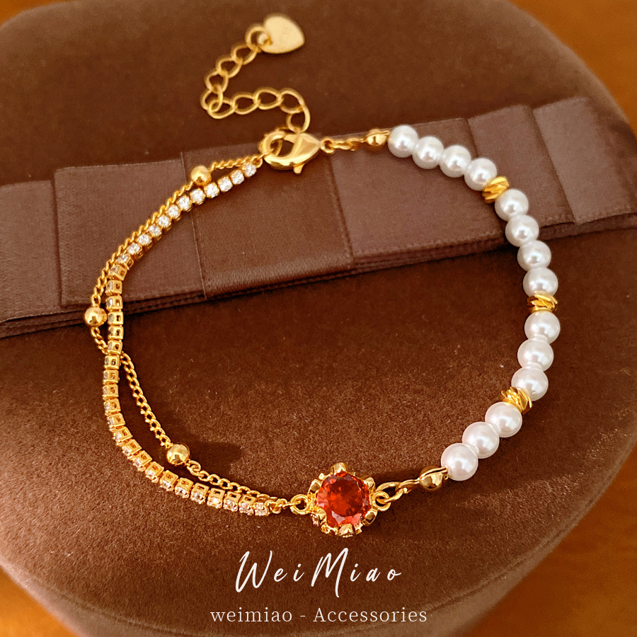 18k oro real electrolito piedra de diamante cuentas pulsera de perlas redonda ligera pulsera de nicho de lujo exquisita personalidad joyería de pulsera