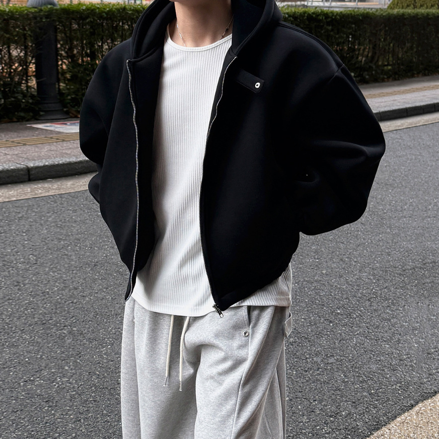 BJ老钱风开衫连帽卫衣男士秋季宽松休闲短款外套韩系通勤穿搭