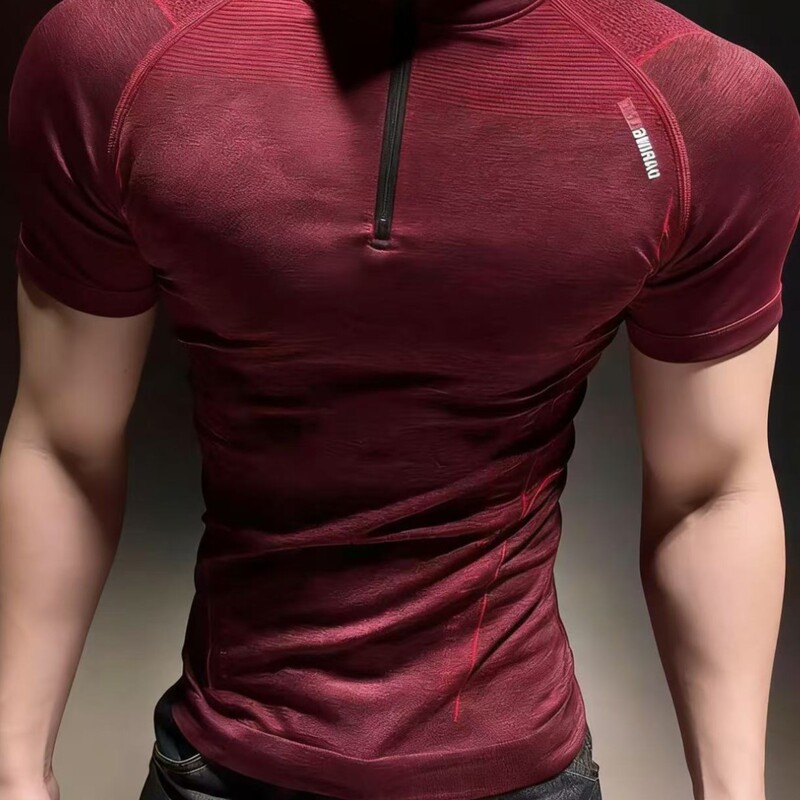 Trendy New American-Style Half-Zip Fitness Short-Sleeve Men's Sports Outdoor Seamless Jacquard Sports Men's T-Shirt Trendy New American-Style Half-Zip Fitness Short-Sleeve Men's Sports Outdoor Seamless Jacquard Sports Men's T-Shirt