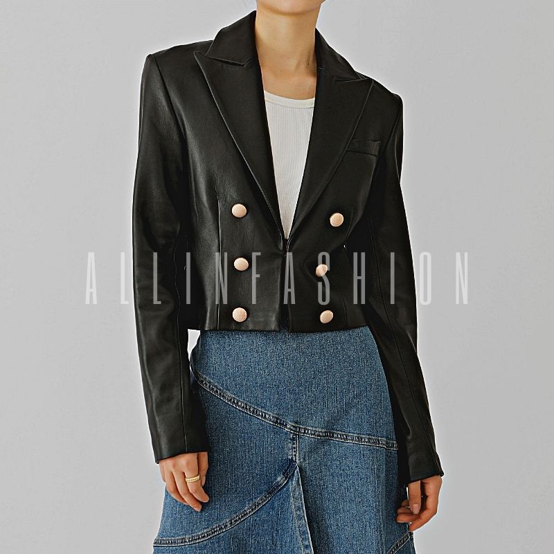 Balmain Women's Leather Jacket, Slim Fit, Light Luxury, 2024 Autumn and Winter, Los Angeles Niche Short Lambskin Blazer