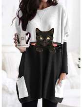 2021款跨境欧美 视觉艺术猫咪亚马逊女装 圆领休闲中款宽松连衣裙