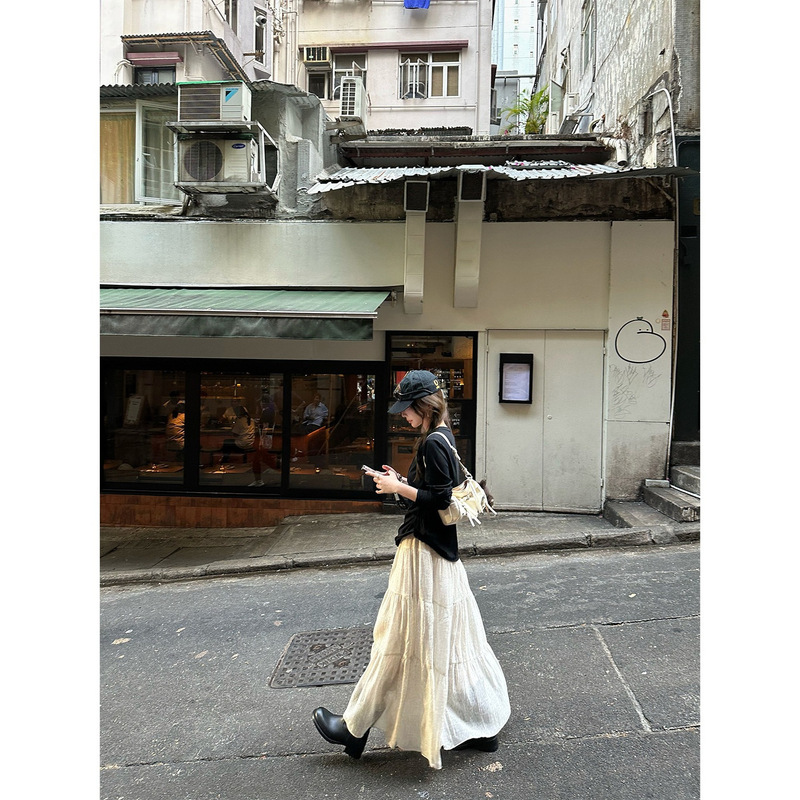 Goo Goo Chiffon Crinkled Leopard Print Skirt with Elastic Waist, Twill Split Design, Slimming A-Line Long Skirt