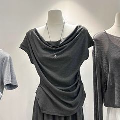 13ライン夏韓国風スイングカラーボタンプルオーバー痩身プリーツ半袖Tシャツレディースダークグレーカジュアルトップ