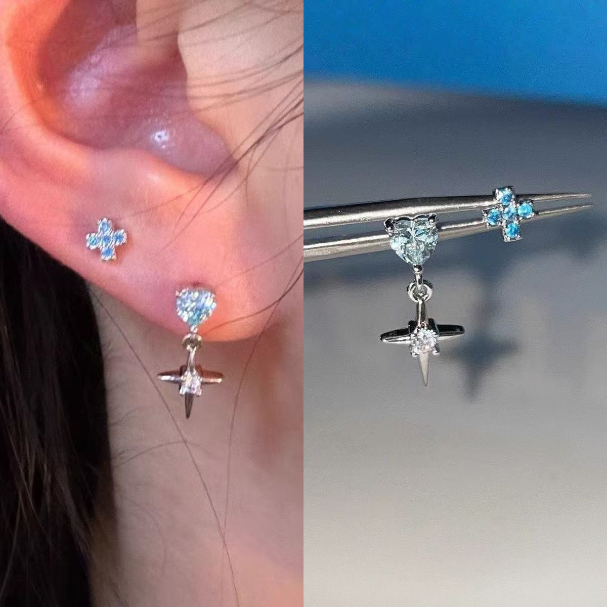 Elegant sparkling zirconium cross pendant ear cuff, titanium steel niche versatile starburst earrings, no need to remove when sleeping