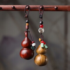 Zitan Wood Gourd-Shaped Pendant, Green Sandalwood Carved Handle, Creative Peace and Fortune Pendant, Bag Accessory