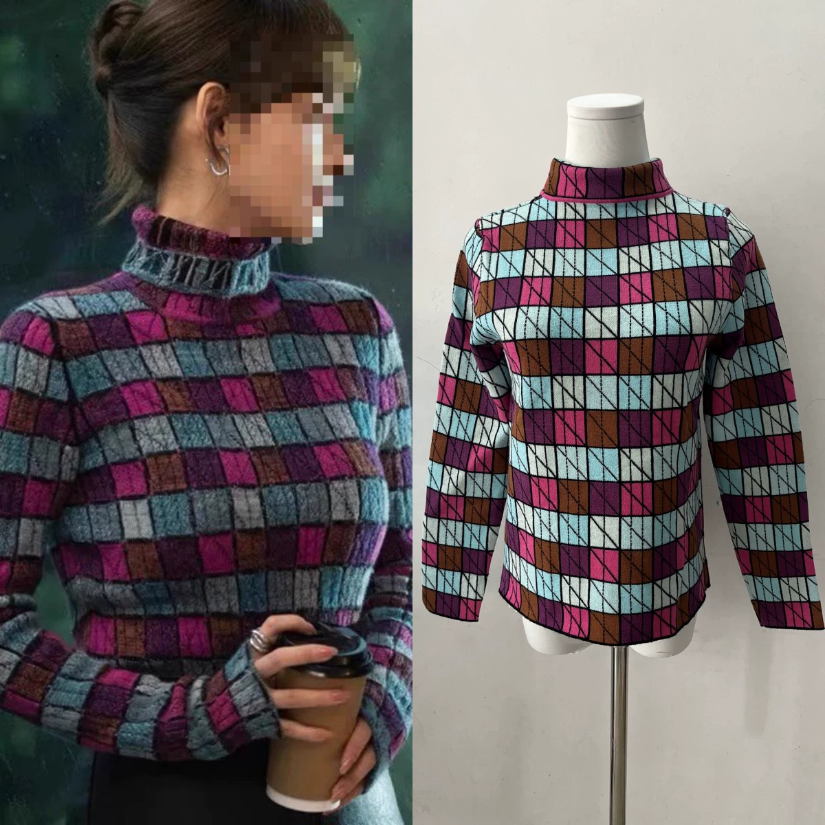 Хорошие вещи в паре Чжан Цзян Си та же одежда в клетку свитер с высоким воротником Вязаная рубашка Базовая куртка 2023 Осень