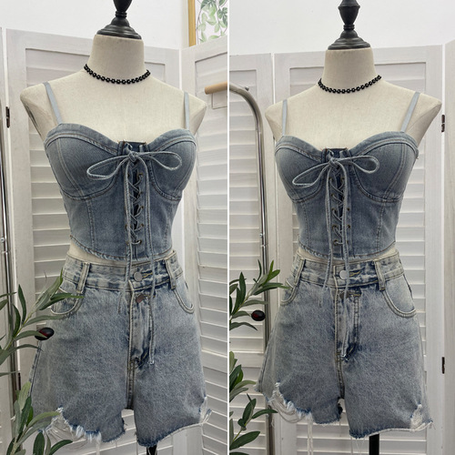 Actual shot of a denim vest with chest pads, adjustable shoulder straps, and a bow tie short suspender tube top 2597