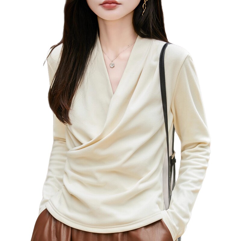 时髦显瘦打底衫女2025秋冬新款交叉V领气质休闲T恤衫百搭打底上衣|undefined