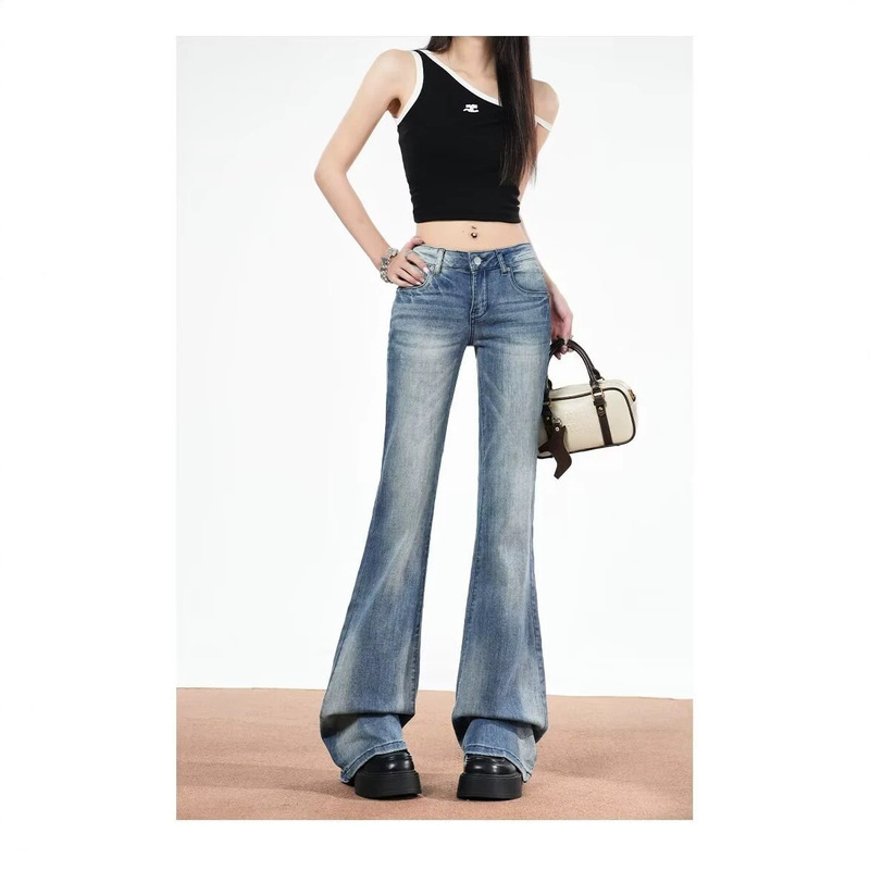 American Retro Light Blue Washed Low-Waist Jeans for Women, Stylish and Stretchy, Slim-Fit, Floor-Length Pants, Versatile