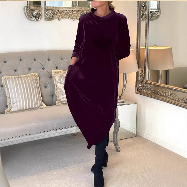 Cross-Border 2025 Amazon Spring New European and American Style Velvet Slimming Elegant Round Neck Long Dress