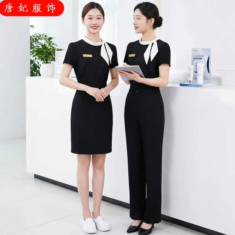 Beauty Salon Work Clothes for Women, Summer Short-Sleeve Hotel Front Desk Beautician Spring Three-Quarter Sleeve Customer Service Receptionist Medical Beauty Uniform
