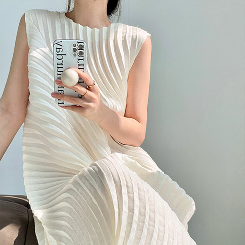 Threezhuo pleated women's high-quality water wheel pleated arc dress, daily versatile commuting fashionable sleeveless long dress