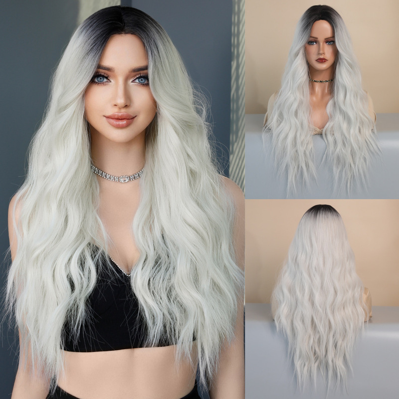 Gradient Silver-White High-Quality Medium-Parted Long Curly Hair Small Lace Wig Full Headgear Women's Daily Party Wig