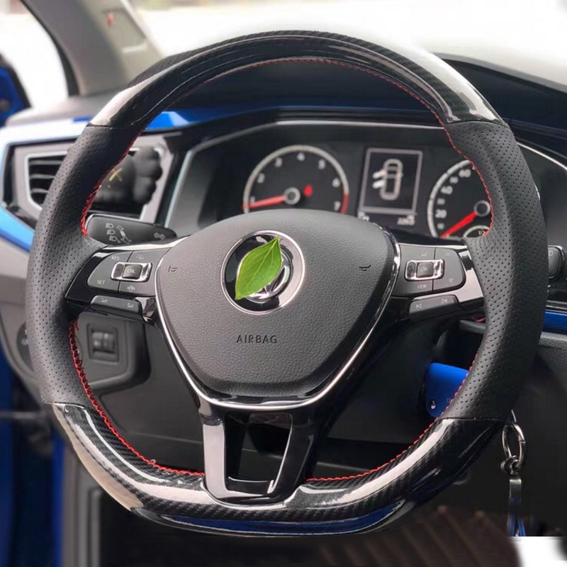 Cubierta del volante Lingdu costura a mano Passat Mai Sagitar CC Tiguan L Golf Tu Yue X Ang de cuero fibra carbono