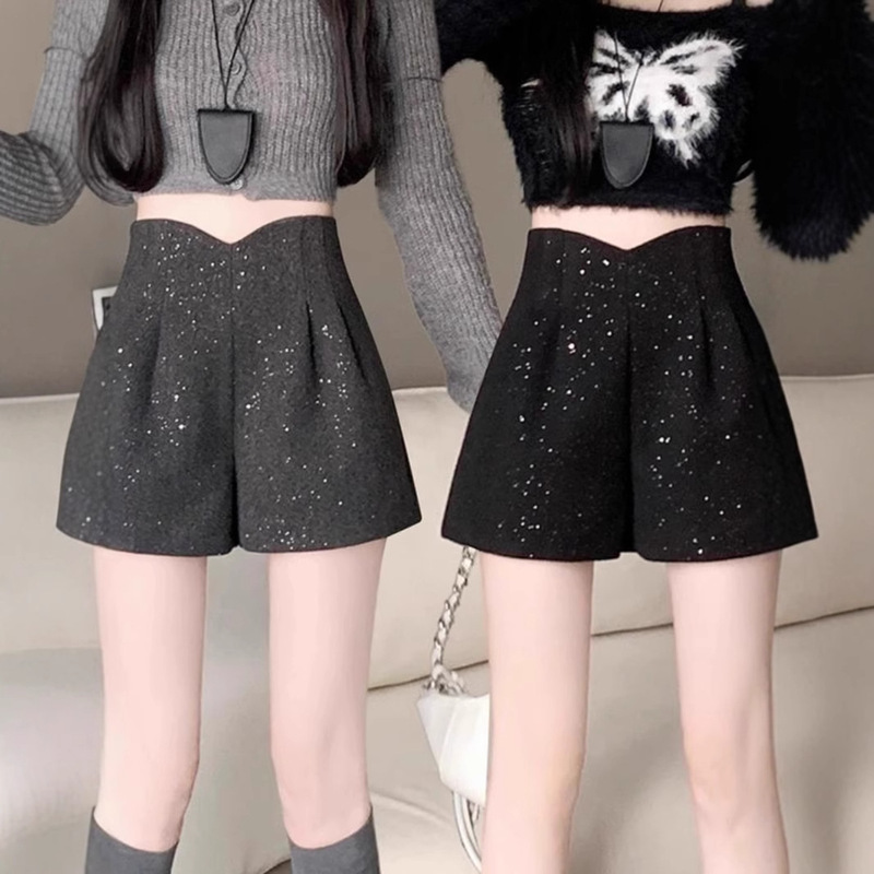 2024 Autumn and Winter Glittering Heavy Industry Sequin Wool Shorts Hip Covering Slim A- Shaped Wide Leg Pants Boots Pants