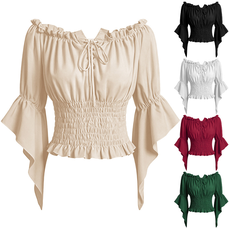 2026 Halloween Costume European and American Women's Renaissance Pirate Shirt Off-Shoulder Flared Sleeve Ruffle Top 2026 Halloween Costume European and American Women's Renaissance Pirate Shirt Off-Shoulder Flared Sleeve Ruffle Top