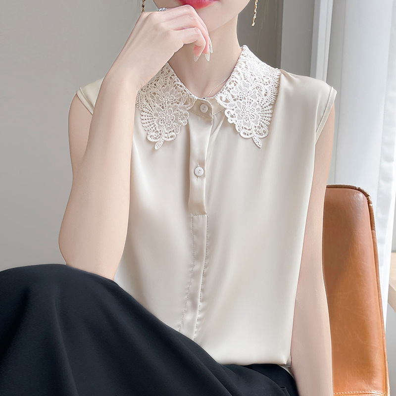 Niche Textured Lace Polo Collar Sleeveless Shirt 2025 Summer New Top Cardigan Satin Waistcoat Vest for Women Niche Textured Lace Polo Collar Sleeveless Shirt 2025 Summer New Top Cardigan Satin Waistcoat Vest for Women