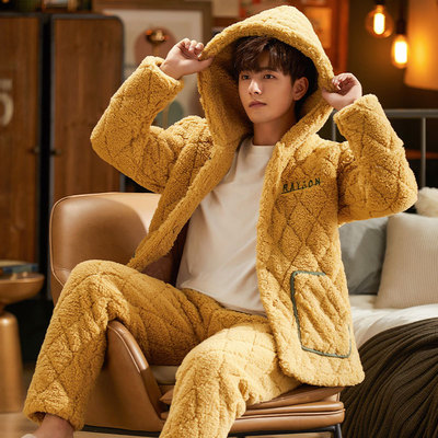 男士睡衣秋冬季加绒加厚三层加夹棉保暖法兰绒两件套装保暖家居服