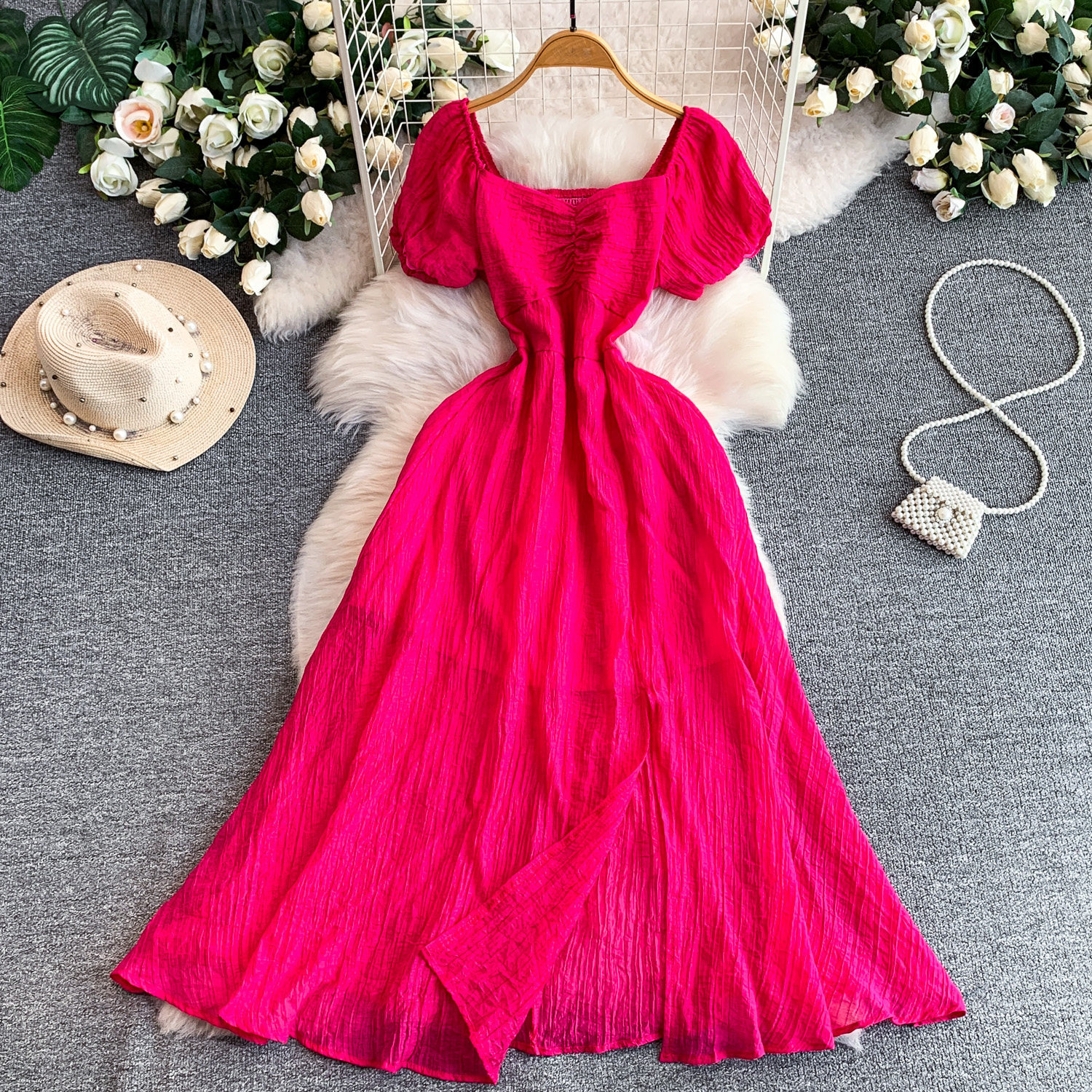 Women's French Style Elegant Square Neck Puff Sleeve Dress Casual Slit Long Skirt Pleated Waist Slimming Summer Style_ecoleips.com