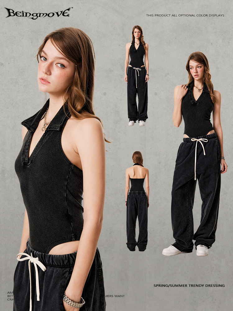 Verano chica sexy europea y americana sin mangas con cuello en v mono delgado con cuello de polo cuello halter ropa de mujer