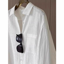 法式白色防晒棉麻长袖衬衫外套女夏薄款开衫外搭亚麻衬衣上衣夏季