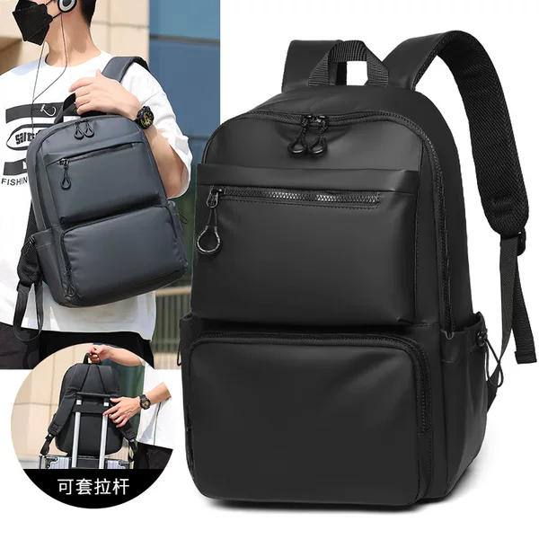 Cross-Border Leather Film Solid Color Computer Bag Casual Casual Multi-Layer Pocket Large Capacity Backpack 15.6inch Notebook Bag