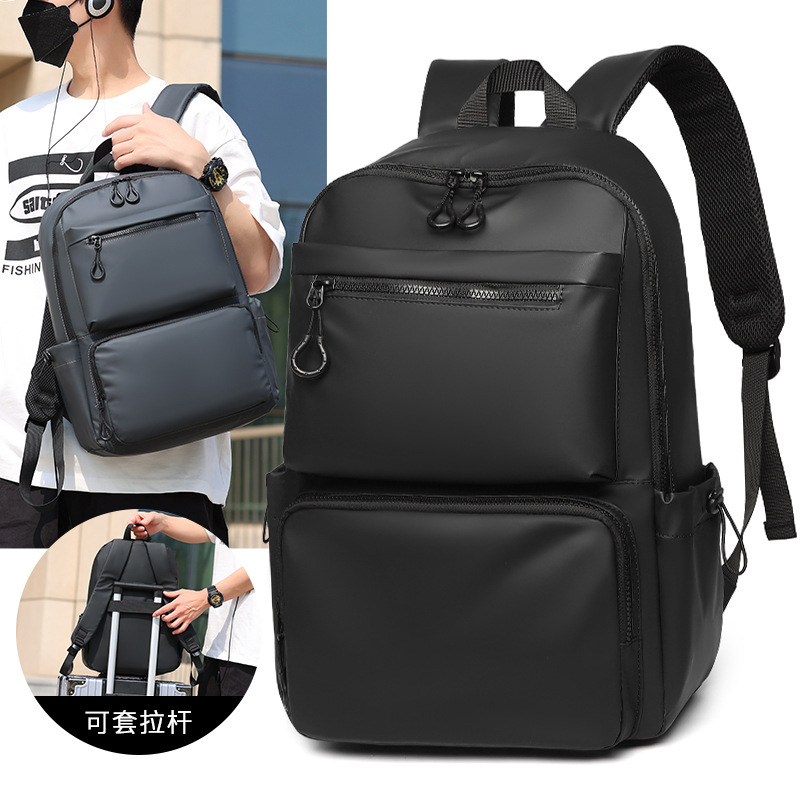 Cross-Border Leather Film Solid Color Computer Bag Casual Casual Multi-Layer Pocket Large Capacity Backpack 15.6inch Notebook Bag