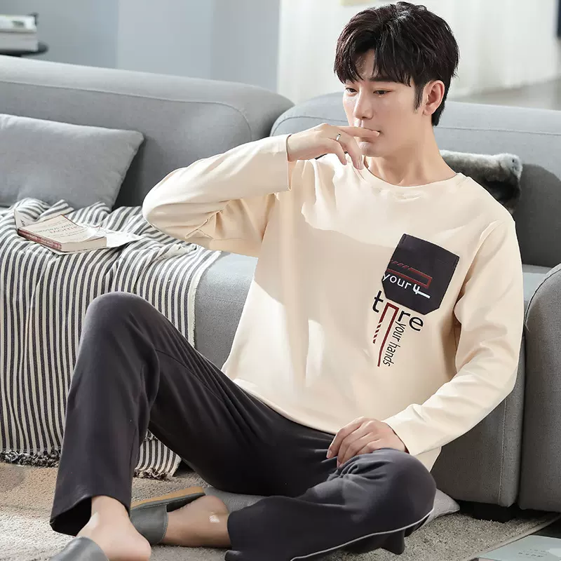 男士纯棉睡衣春秋韩版时尚简约圆领套头大码可爱家居服男套装