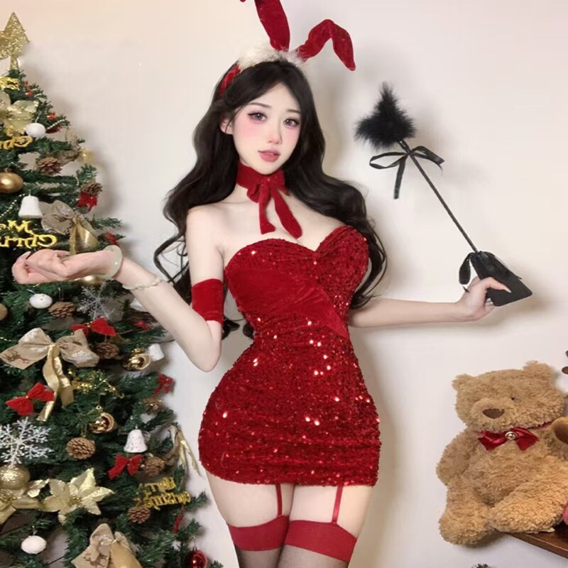 End of Season Flash Sequins Christmas Bag Hip Dress COS Bunny Sex Lingerie Sexy Royal Sister New Year Dating suit
