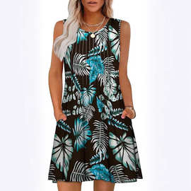 2025欧美外贸跨境女装亚马逊爆款圆领拉条无袖背心印花口袋连衣裙