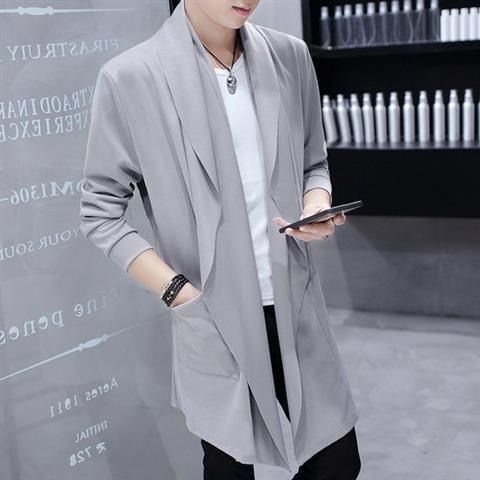 Men's mid-length trench coat for spring and summer, Korean style, long, over-the-knee, slim fit, handsome, trendy, thin cape coat for students and young people.