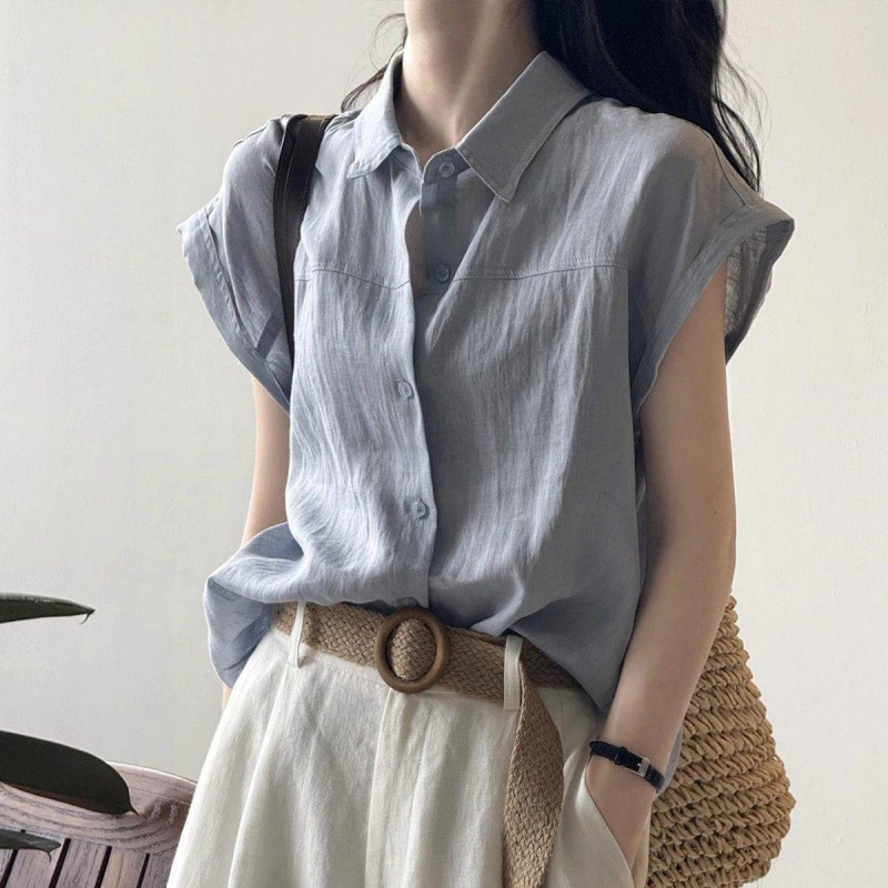 2026 Summer High-End Blue Short-Sleeve Shirt for Women, Summer Commuting Outfit, Blouse with Small Flying Sleeves, Sleeveless Top with a Sense of Sophistication