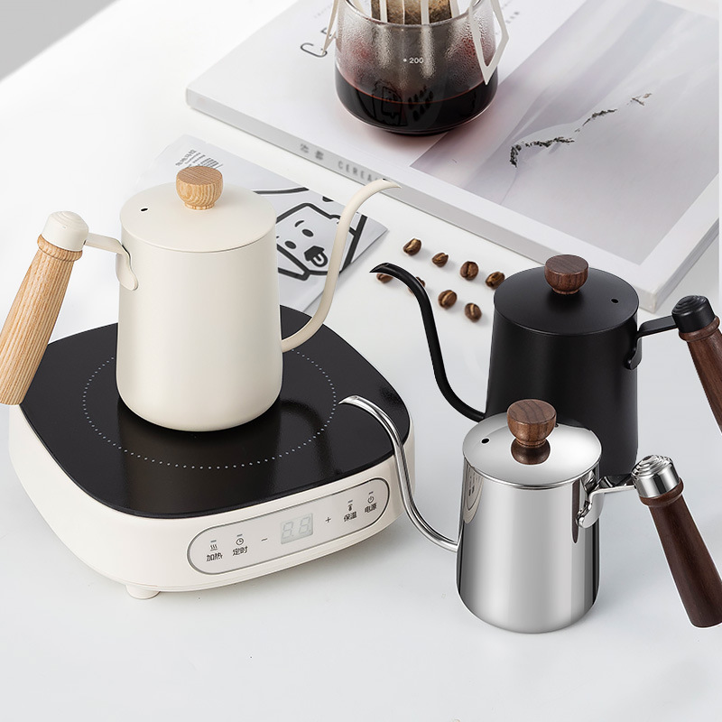 304 Stainless Steel Walnut Handle Pour-Over Coffee Pot for Home and Commercial Use, Long Spout Coffee Pot, Fine Spout Filter Coffee Pot