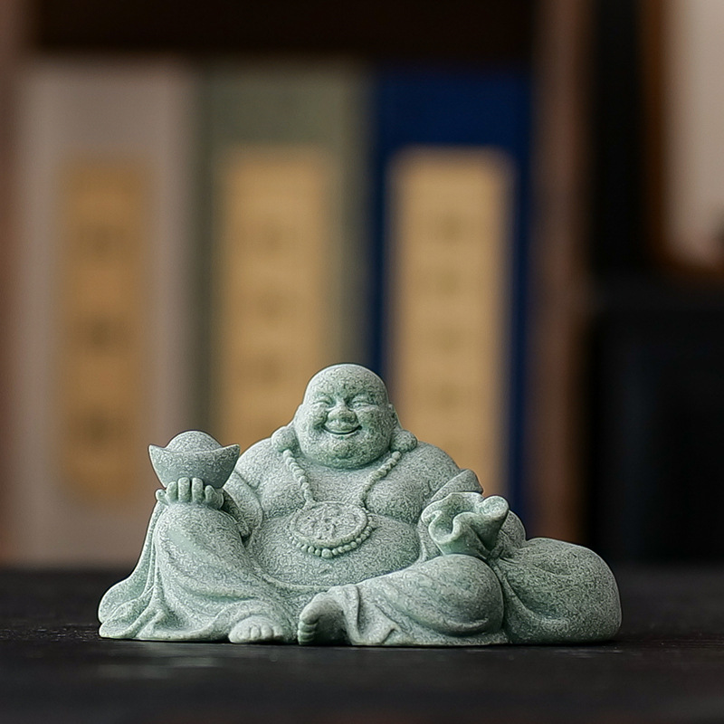 New Chinese Style Green Sand Stone Maitreya Buddha Home Living Room Antique Rack Desktop Tea Pet Crafts Mascot Decorative Ornaments
