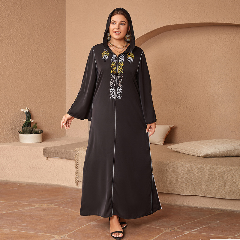 Cross-Border Source Middle Eastern Muslim Ethnic Embroidered Satin Long Sleeve Plus Size Loose Dress Robe_ecoleips.com