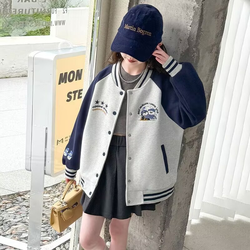 Girls' Casual Loose Spring and Autumn New Jacket for Older Children, Baseball Jacket Top for Spring and Autumn
