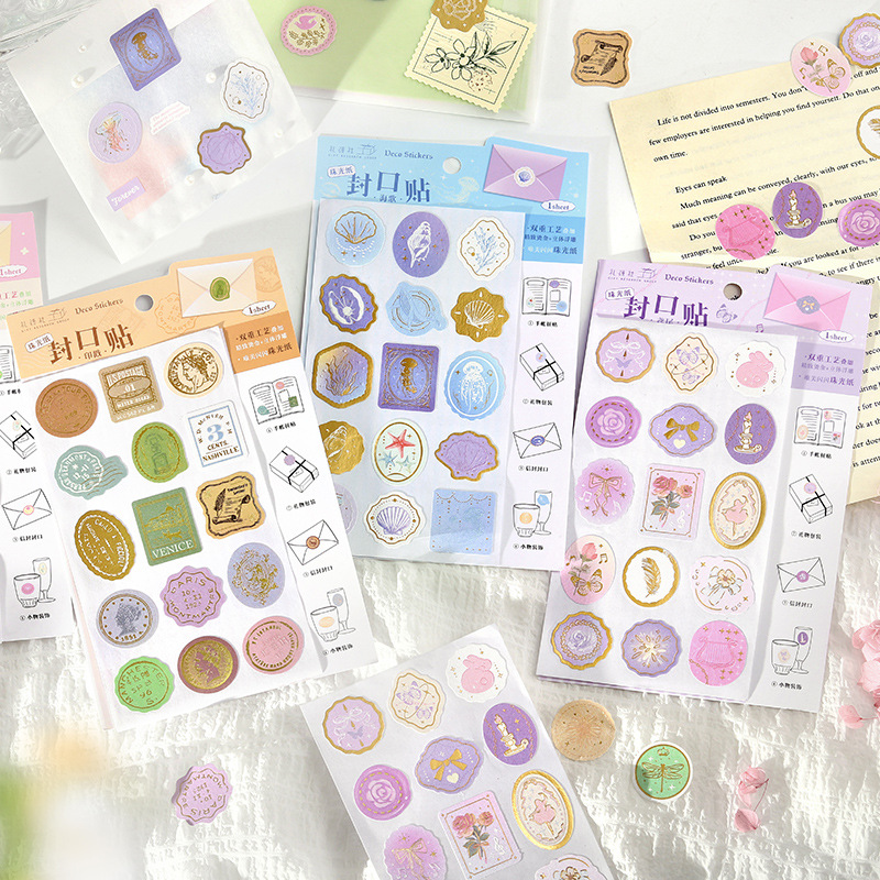 Liyan Society Relieve Hot Bronceado Sellado Pegatinas West Bund Cartas de flores literarias Pegatinas planas Cuentas de mano Pegatinas decorativas de sobres