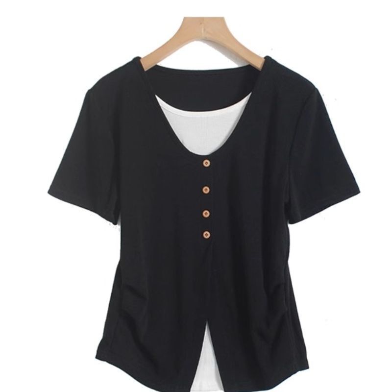 ブルー偽ツーピース半袖 Tシャツ女性の夏の新しい不規則な痩身ステッチ右肩ショートトップ女性のための卸売|undefined