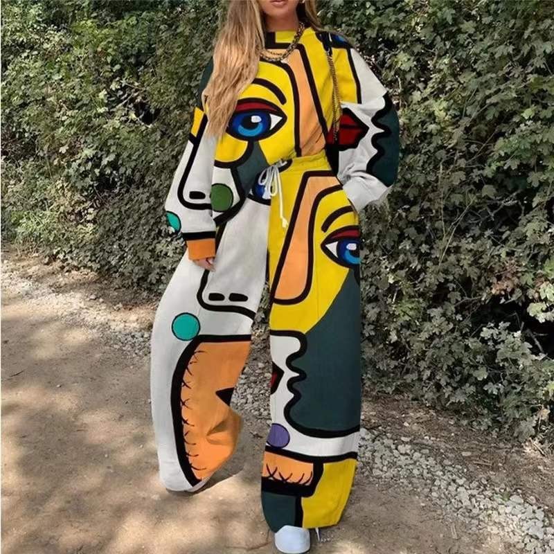Conjunto de Sudadera Informal con Cuello Redondo y Estampado Holgado para Mujer, Estilo Europeo y Americano, Novedad de Comercio Exterior Transfronterizo para Otoño 2025