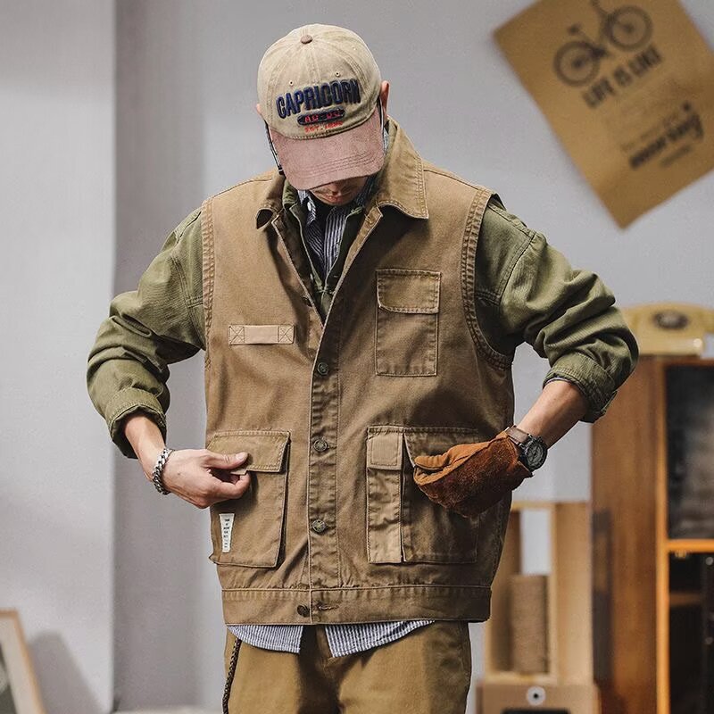 American-Style Heavy Retro Ins Patchwork Work Vest for Men, Spring Trendy Brand Multi-Pocket Khaki Waistcoat Jacket