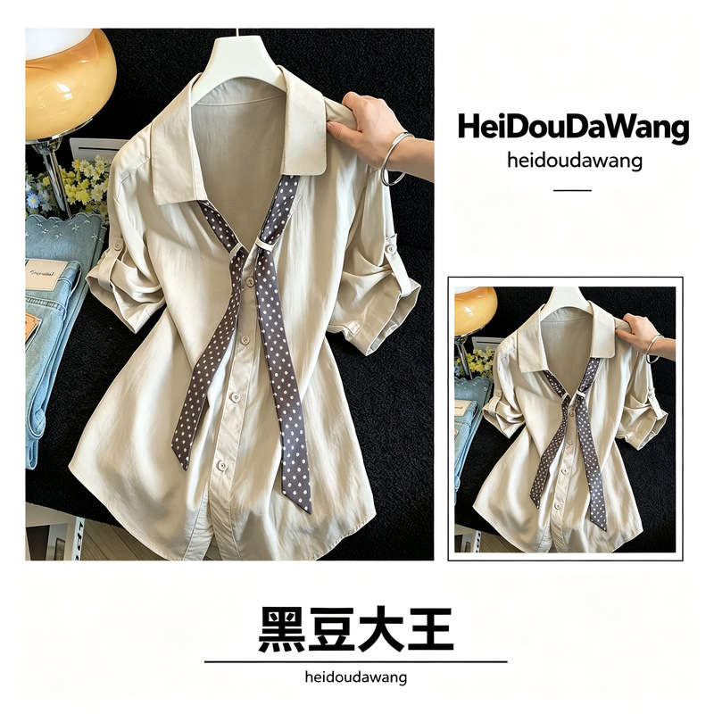 Polka Dot Scarf Collar Short Sleeve Sun Protection Shirt for Women, 2026 Summer New Loose Slimming Half Sleeve Top Polka Dot Scarf Collar Short Sleeve Sun Protection Shirt for Women, 2026 Summer New Loose Slimming Half Sleeve Top