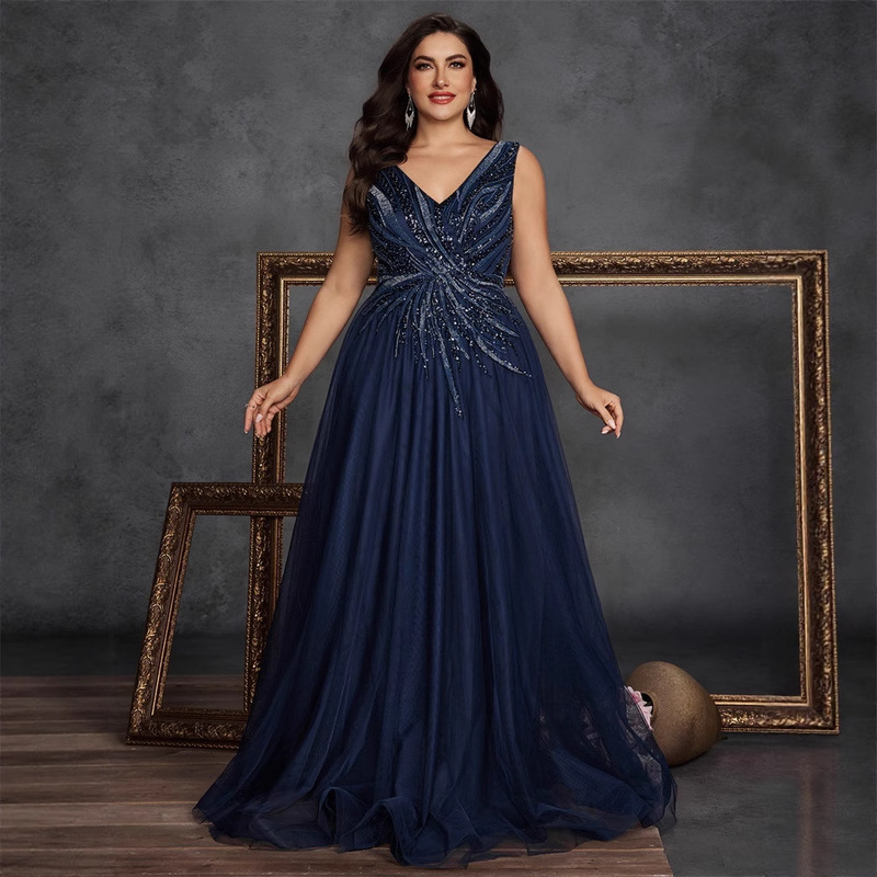 European and American Amazon Cross-Border Plus Size Fat Woman's Elegant Cocktail Party Formal Evening Dress Embroidered Beaded Mother's Dress European and American Amazon Cross-Border Plus Size Fat Woman's Elegant Cocktail Party Formal Evening Dress Embroidered Beaded Mother's Dress