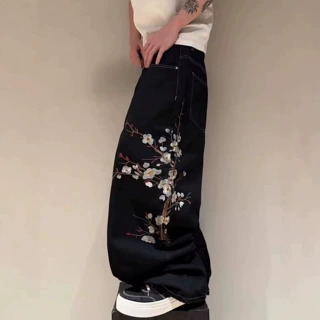 欧美宽松牛仔裤复古樱花刺绣高品质牛仔裤街头服装嘻哈哥特牛仔裤