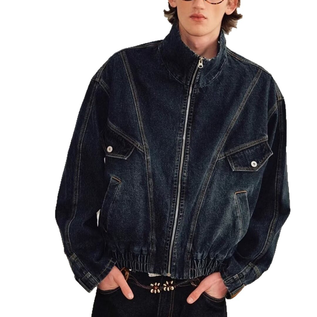 Deconstruction Of Niche Trendy Brands, Washed Split Stand Up Collar, Loose Denim Jacket, High Street Zipper Jacket_voghion.com