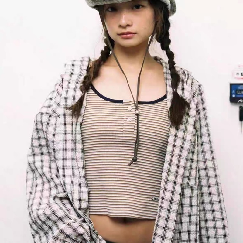 韩国小众aeae衬衫长袖连帽格子复古宽松休闲百搭男女情侣春秋款潮|undefined