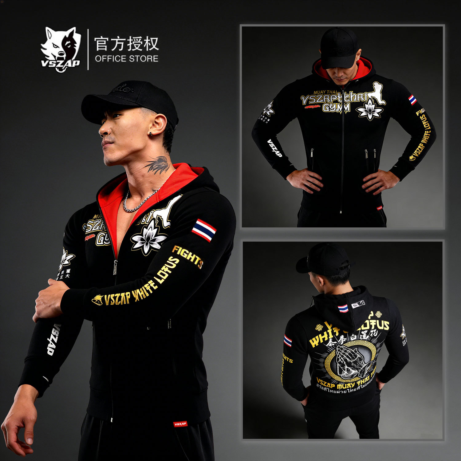 VSZAP fitness zipper sweater autumn broadcast seeking hoodie Muay Thai fight jacket men's fighting Lotus MMA fleece-lined warm